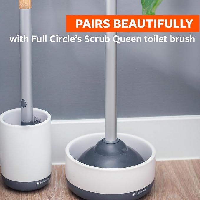 Full Circle Royal Plunge - Bathroom Toilet Plunger with Ceramic Holder and Instant-Dry Coating for Mold &amp Mildew Prevention Easy to Clean &amp More Hygenic White
