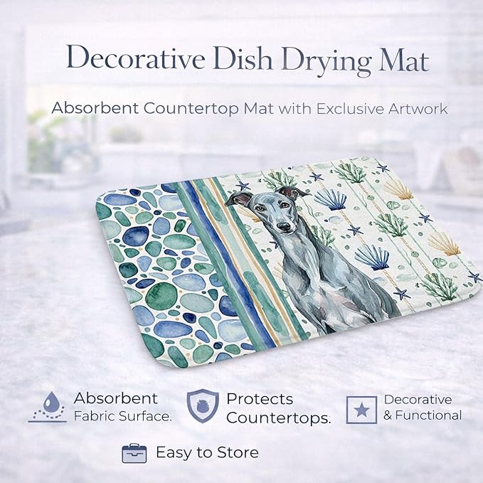 Caroline's Treasures Blue Brindle Greyhound Coastal Sea Glass Dish Drying Mat Absorbent Dish Drying Mat Pad for Kitchen Counter Dish Drainer Mat for Countertop 14 x 21 Multicolor