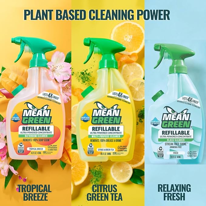 Mean Green Ultra Powered Refillable Cleaner Concentrate Variety 3 Pack – Multi-Purpose Citrus &amp Green Tea Bathroom Tropical Breeze Glass Fresh – 14.3 fl oz Each