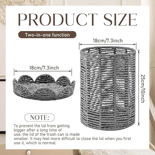 Ctosree 1.3 Gallons Small Wicker Trash Can with Lid Handle Woven Wicker Rattan Bathroom Waste Basket Boho Trash Basket with 100 Plastic Garbage Bags for Bedroom Office Laundry (Scalloped Style Gray)