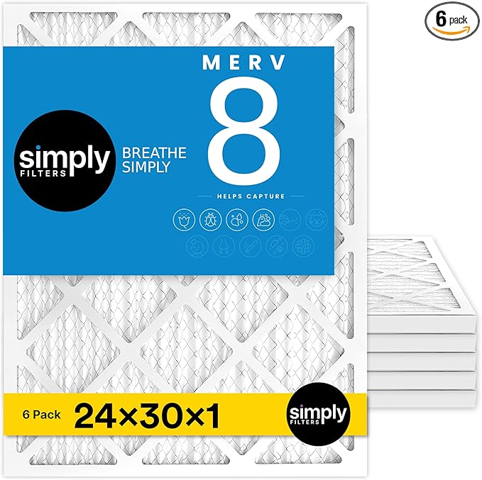 Simply 24x30x1 Air Filter Merv 8 6 Pack For Home AC Furnace &amp HVAC (Actual Size: 23.94x29.94x0.75) DUST Pet &amp Allergy Control
