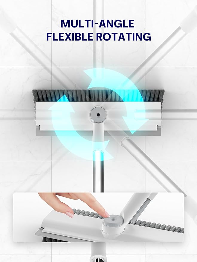 Floor Scrub Brush with Long Handle 3 in 1 Scrape and Heavy-Duty Stiff Bristle Floor Scrubber Brush with Squeegee and Tweezer for Cleaning Tile Wall Deck Bathroom Patio Garage Kitchen (White)