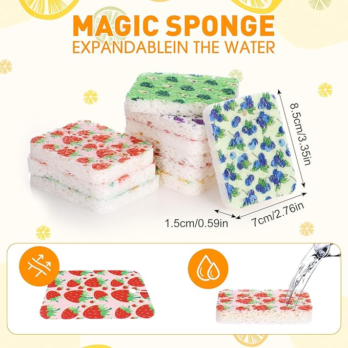 Maxdot 50 Counts Compressed Cellulose Sponges Bulk Fruits Pattern Natural Kitchen Compostable Non Scratch Dish Sponges for Washing DishesCleaning Countertop SinkKids DIY