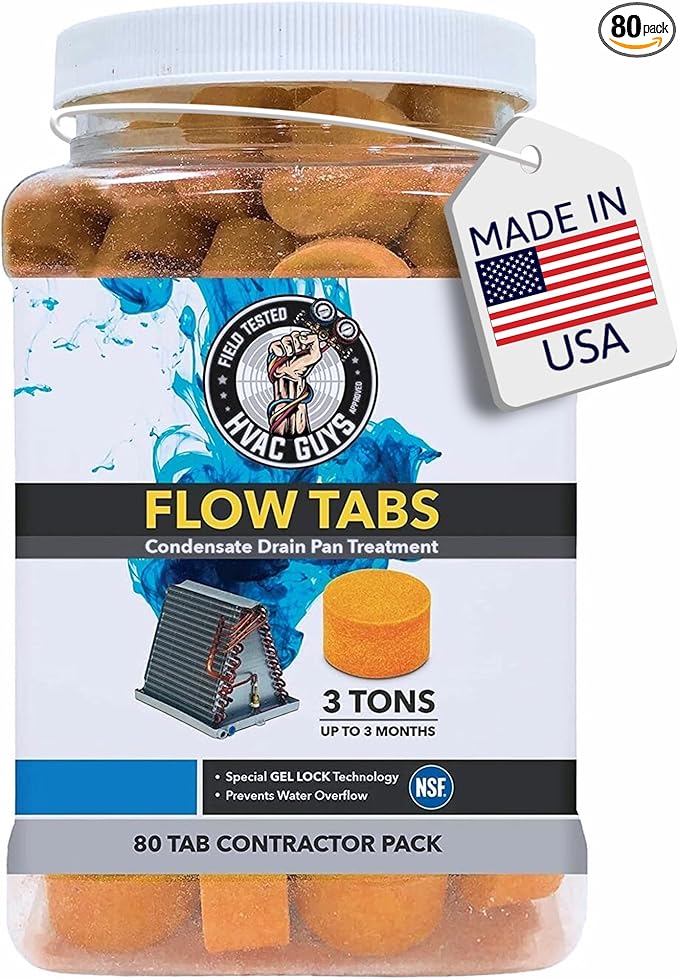 HVAC Guys Flow Tabs with Gel Lock Technology - 80 Pack - Keep Drain Pans Clean Prevent Overflow 3 Ton Tab Lasts up to 3 Months - 1 Tab is Equal to 18 Regular Tablets (1440 Total) - Made in The USA