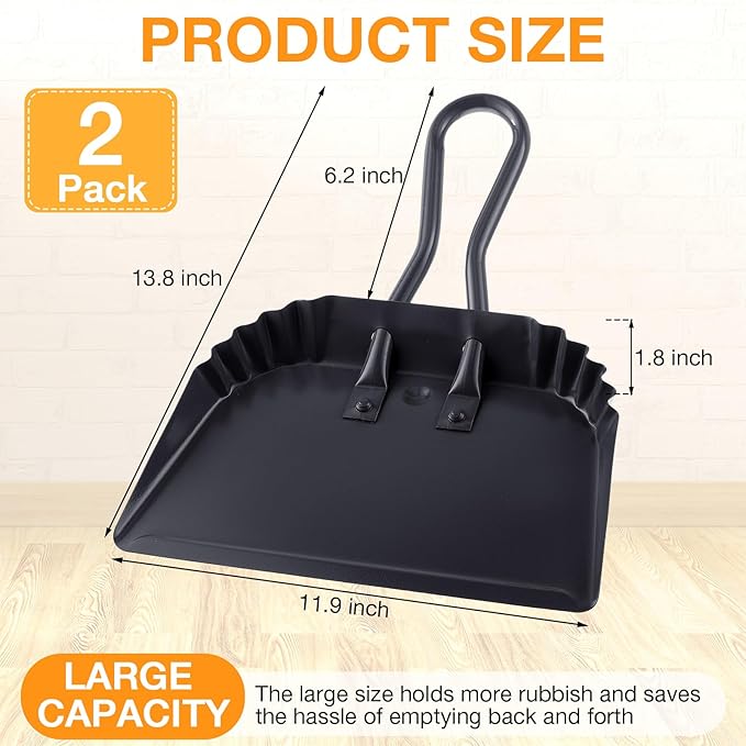 Mumufy 2 Pcs 12 Inch Heavy Duty Metal Dustpan Stainless Steel Large Wide Dust Pans for Household Handheld Scooper Debris Cleaning Tool for Home Garage Studio Courtyard Indoor Outdoor(Black)