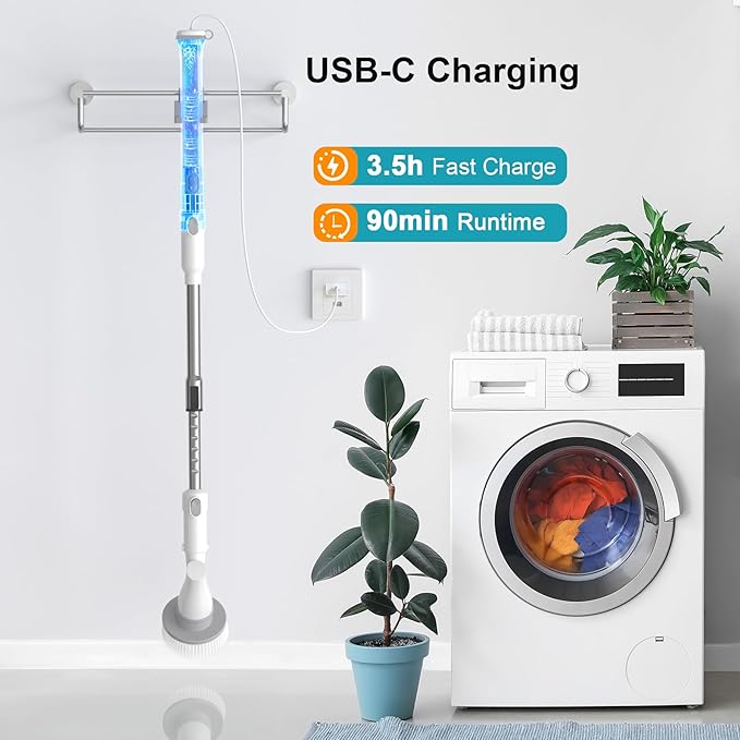 Ultrean Spin Brush Cordless Electric Spin Scrubber with 4 Replaceable Brush Heads Adjustable Extension Handle 2 Speed Shower Scrubber for Cleaning Bathroom Tile Floor Tub