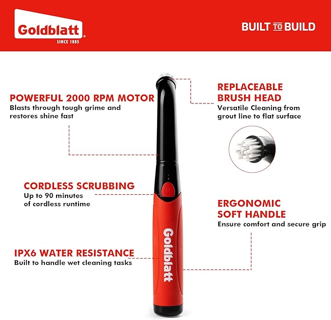 Goldblatt Cordless Electric Spin Scrubber 18-Piece Kit Power Scrubber with Battery Indicator Light Waterproof Electric Cleaning Brush for Grout Tile Bathroom Kitchen Cleaning