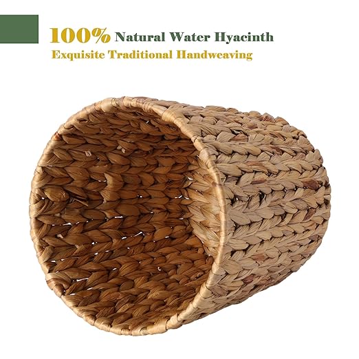 2.6 Gallon Wicker Trash Can with Lid and Square Wicker Tissue Box Cover Boho Decorative Handwoven Water Hyacinth Rattan Bedroom Bathroom Living Room Accessories Decor (Natural)