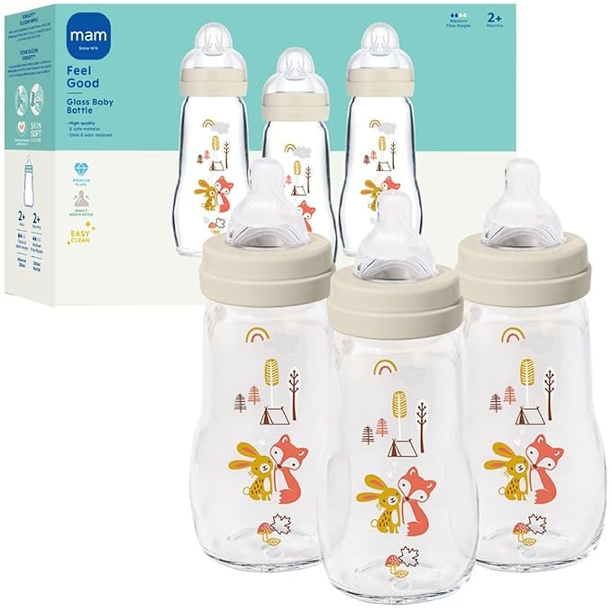 MAM 9oz Premium Glass Wide Neck Baby Bottle with Medium Flow Breastfeeding-Like Silicone Nipple Easy to Clean BPA Free 2+ Months Easy Switch Between Breast and Bottle Made in Europe 3 Pack