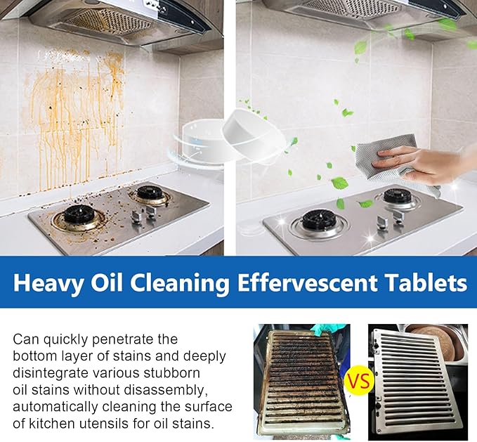 Powerful Kitchen Cleaning Effervescent Tablets - Remove Stubborn Grease On Range Hoods &amp Stovetops Without Disassembly(3PCS)
