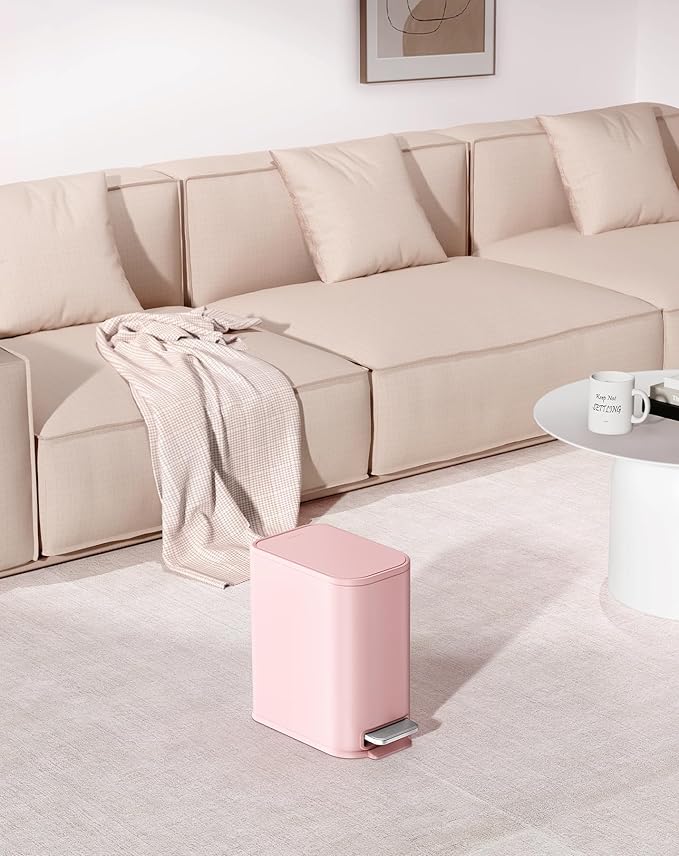 Cesun Small Bathroom Trash Can with Lid Soft Close Step Pedal 5 Liter / 1.3 Gallon Stainless Steel Garbage Can with Removable Inner Bucket Waste Basket for Bathroom Bedroom (Pink)