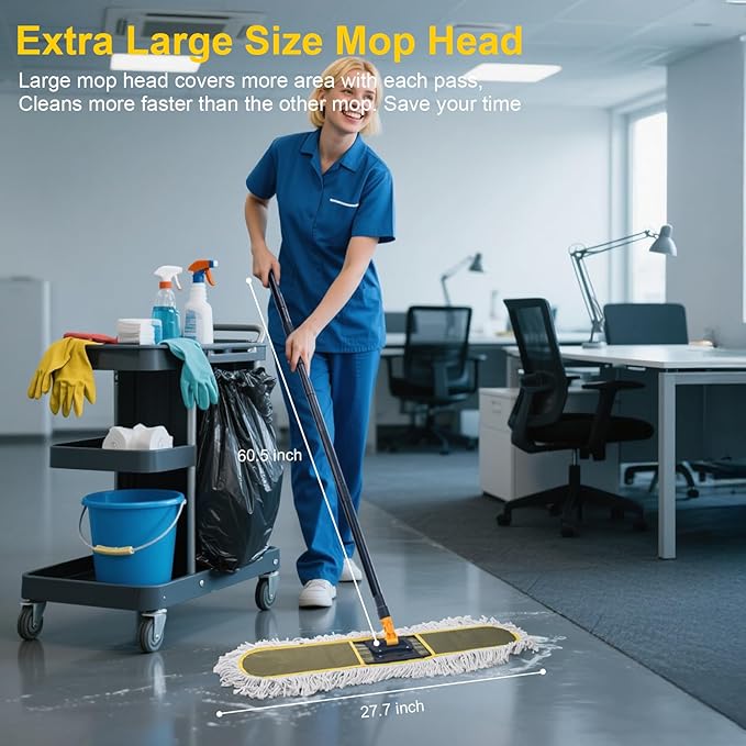 24 Commercial Dust Mops for Floor Cleaning with 2 Replacement Mop Pads Heavy Duty Large Dust Mop for Hardwood Floors Industrial Wet Dry Floor Duster for Office Garage Warehouse Factory Mall
