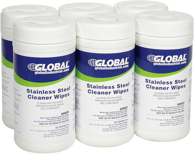 Global Industrial Stainless Steel Cleaner Wipes 40 Wipes/Canister 6 Canisters/Case
