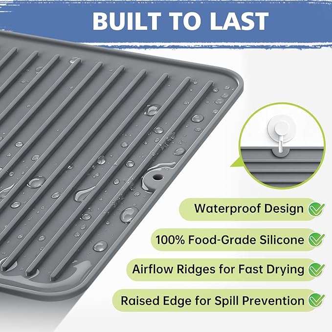 Songrey 28 x 18 Silicone Dish Drying Mat Kitchen Counter Drying Pad for Sink Dishes or Under Rack Multi-Use as Heat Resistant Trivet Coffee Bar Mat