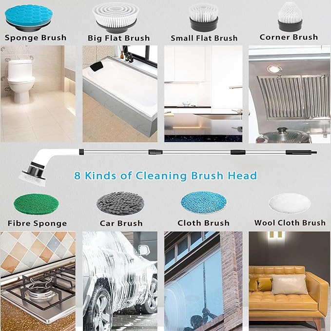 MGLSDeet Electric Spin Scrubber Scrub Brush Rechargeable Cleaning Brush with 8 in 1 Replaceable Brush Heads Cordless Power Spin Scrubber 90Mins for Bathroom Shower Bathtub Glass Car