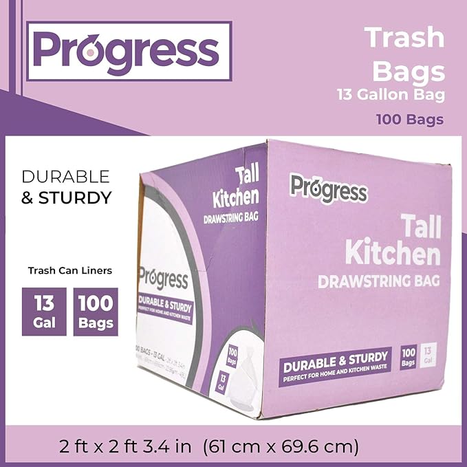 Progress Drawstring Trash Bags – 13 Gallon Portable Tall Garbage Bags Can Liners for Kitchen Office Bathroom Garage | Waste Disposal Supplies (100 Count)