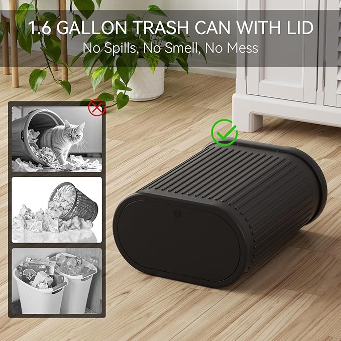 Small Bathroom Trash Can with Toilet Brush 1.6 Gallon Black Stainless Steel Garbage Can with LidSlim Wastebasket with Shower Caddy for Bathroom Bedroom