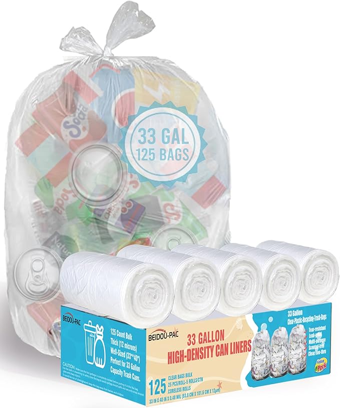 33 Gallon Trash Bags 125 Count Heavy Duty Clear Plastic Recycling Bags Unscented