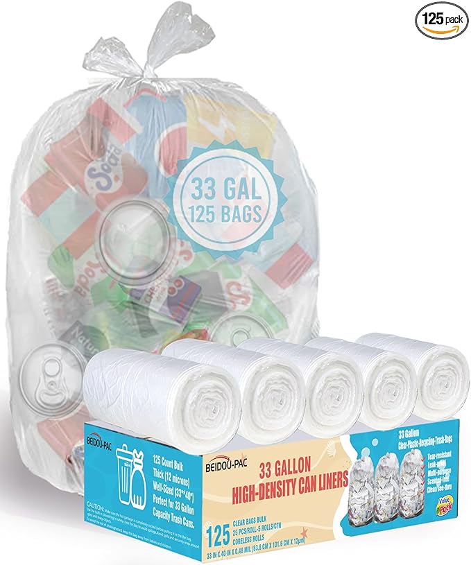 33 Gallon Trash Bags 125 Count Bulk Heavy Duty Clear Plastic Recycling Bags Multi-purpose Garbage Bags for Home Commercial Outdoor Construction Industrial Lawn Leaf