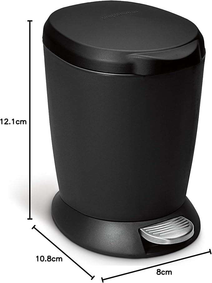 simplehuman 6 Liter / 1.6 Gallon Compact Plastic Round Bathroom Step Trash Can Black