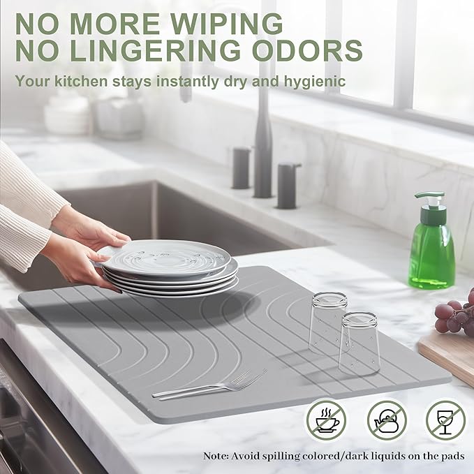 Large Stone Drying Mat for Kitchen Counter 24 × 16 Diatomite Dish Drying Mat Quick Dry Stone Mats Ultra Absorbent Natural Diatomaceous Earth Mats for Dished Bottles Dark Grey