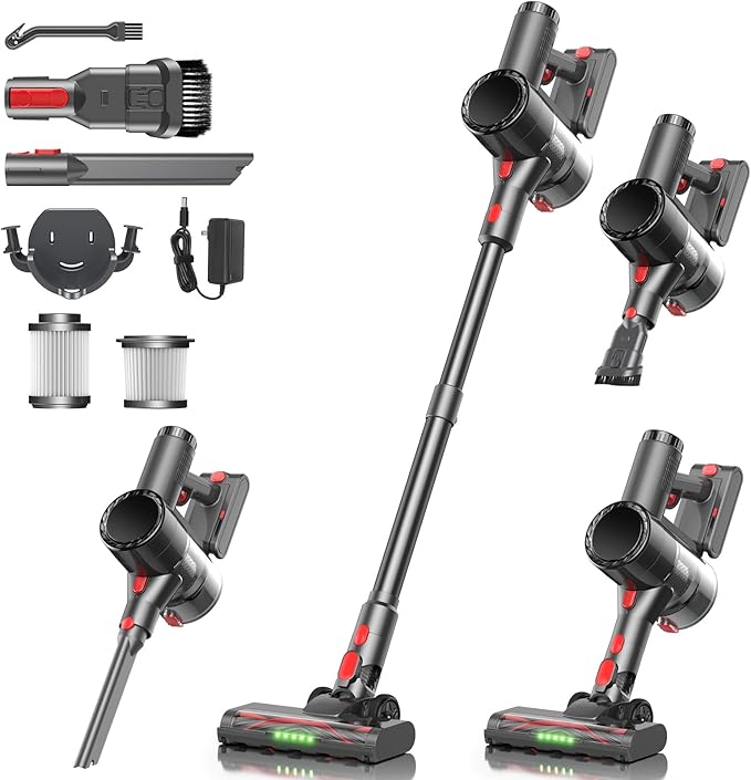 Cordless Vacuum Cleaner Stick Vacuum Rechargeable 550W 45KPA Powerful Suction Lightweight Vacuum Cleaners for Home Anti-Tangle Self Standing for Pet Hair Hardwood Floor Carpet - Black