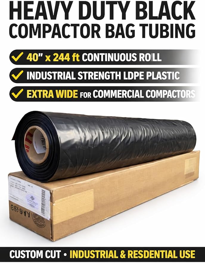 Heavy Duty Black Compactor Bag Tubing 40 x 244 ft Continuous Roll Puncture Resistant Industrial grade LDPE Plastic | Extra-Wide Custom Length Trash Bags for Commercial Compactors