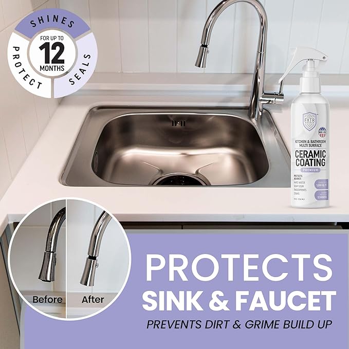 Fixture Shield Home Ceramic Coating Spray (8 oz) - SiO₂ Hydrophobic Protection for Kitchen &amp Bath | Repels Fingerprints Stains &amp Hard Water | Extra Strength Formula | Made in USA