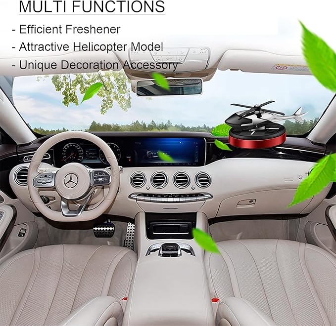 Al Alloy Solar Powered Rotating Helicopter Shape Car air purifier Home and Car Interior Decoration Accessories (Red)