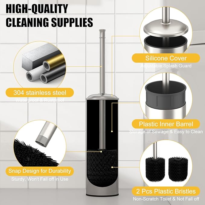 BESy Toilet Brush and Holder Toilet Cleaner Bowl Set with Two Brush with Extra Long Handle Durable Bristles Toilet Scrubber and Covered Holder Drip-Proof Stainless Steel Brushed Nickel