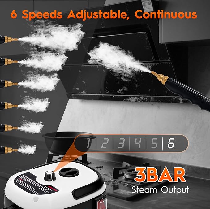 Steam Cleaner 2500W High Handheld Steam Cleaner 1L Portable Car Steam Cleaner 6 High Speeds Pressure Temperature Steam Cleaning Machine with 3 Brush Heads for Kitchen Home Car Cleaning（White）