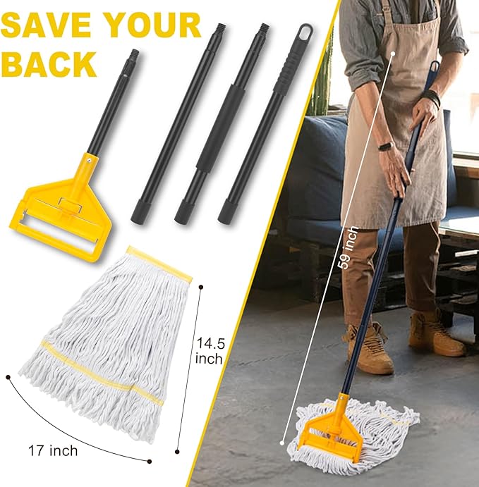 KeFanta 2 Pack Commercial Mop Heavy Duty Industrial Mops60 inch Long Handle with Looped-End String Cotton Wet Mop Head Replacement for HouseKitchenLaminateTileVinylHardwood Floor Cleaning