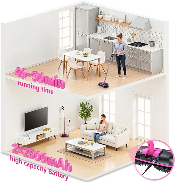 ScrubWiz Cordless Electric Spin Mop with Water Sprayer 300ml Tank Self-Propelled Floor Cleaner for Hardwood &amp Tile Quiet Cleaning Adjustable Handle 2500mAh Long-Lasting Battery Pink