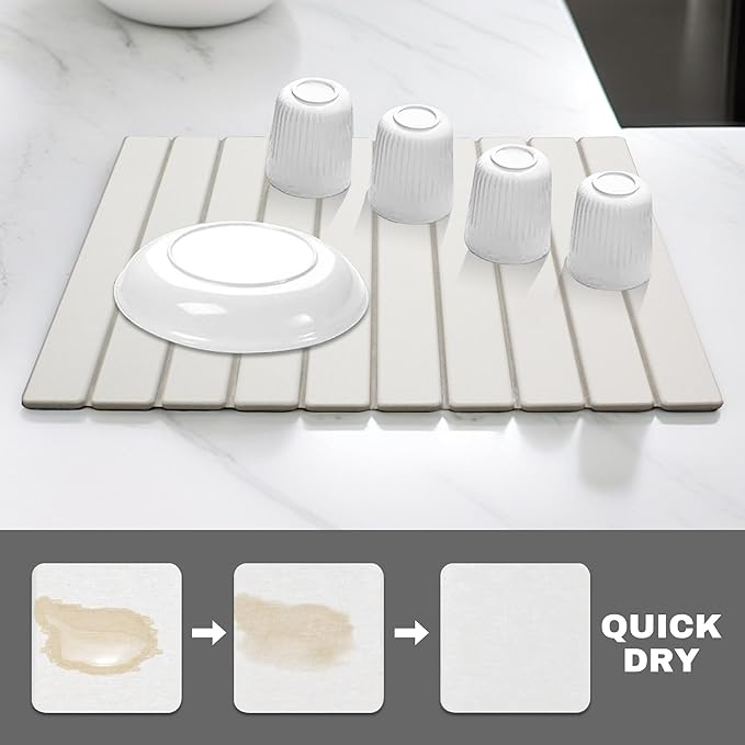 Stone Drying Mat for Kitchen Counter Quick Dry Absorbent Collapsible Dish Drying Mat Eco-Friendly Absorbent Diatomaceous Earth Mats for Dishes Bottles Cups Bathroom Any Counterop 24 x 15