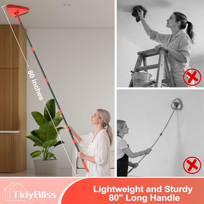 Wall Cleaning Mop with Long Handle 80” Ceiling Duster Scrubber with 360° Swivel Collapsible Head Baseboard Cleaner Tool with 3 Chenille and 3 Microfiber Pads for Windows Floor (Red)