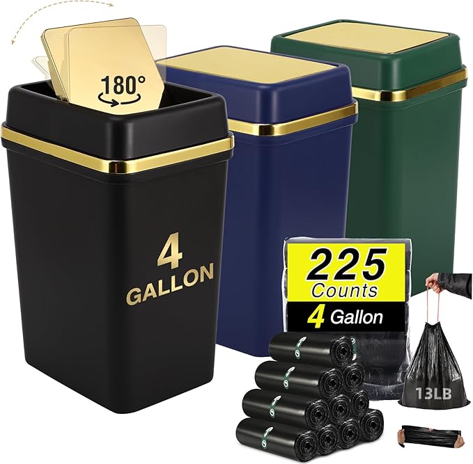 Bathroom Trash Can with Lid 4 Gallon Small Trash Can with Swing Lid Black/Navy Blue/Dark Green Bathroom Garbage Can with 225 Counts Trash Bags for Kitchen Bedroom Office