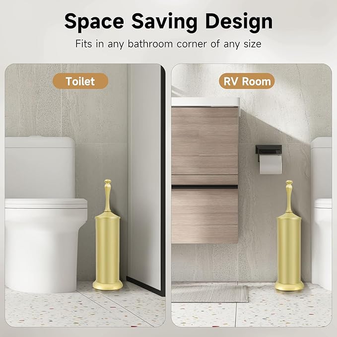 Gold Toilet Brush and HolderExtra Long Handled Toilet Brush for BathroomStainless Steel Heavy Duty Toilet Bowl BrushDeep Cleaning Modern Toilet Cleaner Brush -Space Saving Covered Brush Durable