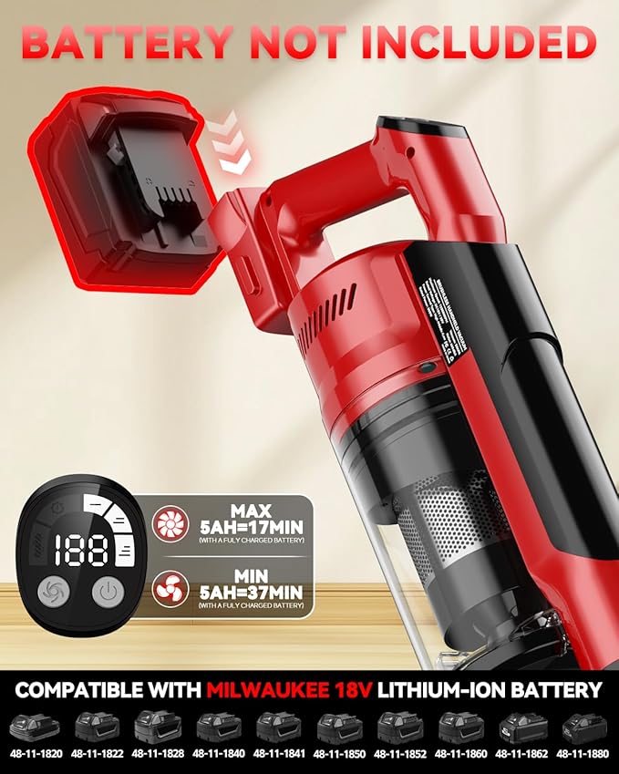 350W Cordless Vacuum Cleaner for Milwaukee M18 Battery 35kPa Brushless Lightweight Stick Vacuum with 3 Mode Suction 6 in 1 Stick Vacuum Cleaner with HEPA for Floor Carpet Car Battery Not Included
