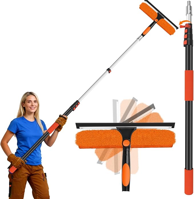 26FT Telescoping Window Cleaning Kit with 14 Squeegee - 2-in-1 Professional Window Scrubber &amp Extension Pole - Extra Long High-Reach Glass Cleaner Tool for Indoor &amp Outdoor High Windows RV