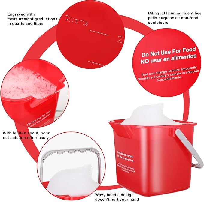 Roshtia 6 Pcs 3 Quart Cleaning Bucket Small Sanitizing Square Bucket Detergent Pail for Home Commercial Restaurant Kitchen Office School (Red)