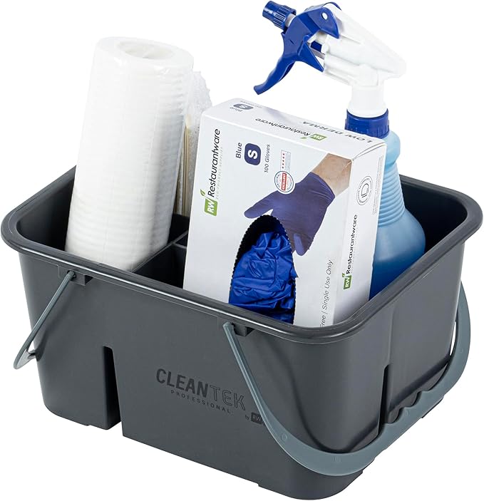 Restaurantware-Clean Tek Professional Cleaning Caddy 1 Cleaning Supply Caddy With Handle - 4 Compartment Multipurpose Gray Plastic All-Purpose For Bathroom Bedroom Kitchen Or Garden