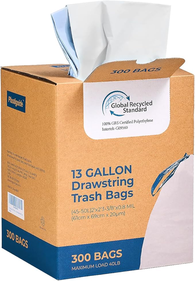 300 Count Tall Kitchen Drawstring Trash Bags 13 Gallon 100% Post-Consumer Recycled Commercial Garbage Bags GRS Compliant Unscented White