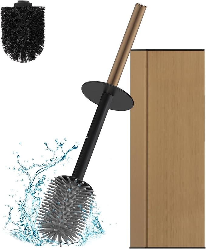 BGL Toilet Brush with Holder for Bathroom Matte Brushed Brass Aluminium Standing for Bathroom Toilet Bowl Cleaner Brush and Holder Set Square Design