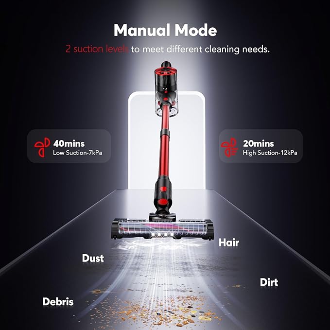 Cordless Vacuum Cleaner Rechargeable with 2600mAh Detachable Battery Powerful Vacuums with 2 Adjustable Modes Lightweight Portable Stick Vacuum for Home (Afterglow Red)