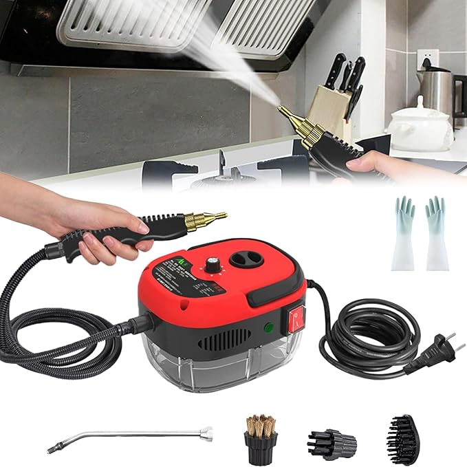 Muntuni 2500W Handheld High-Pressure Steam Cleaner - Portable Car Steamer for Fur Upholstery &amp Grime Removal High-Temperature Cleaning (Red)
