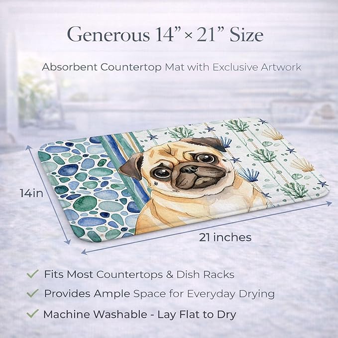 Caroline's Treasures Fawn Pug Coastal Sea Glass Dish Drying Mat Absorbent Dish Drying Mat Pad for Kitchen Counter Dish Drainer Mat for Countertop 14 x 21 Multicolor