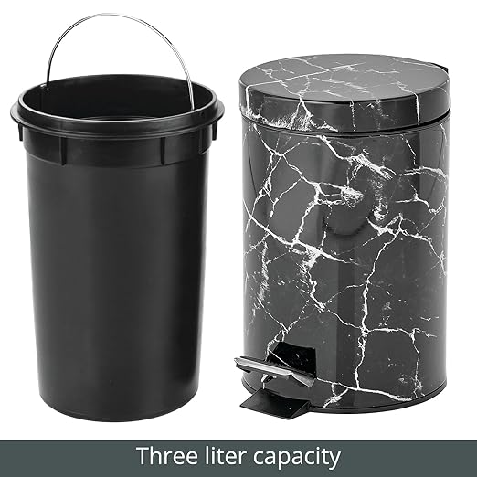 mDesign Extra Small Modern 3-Liter/.7 Gallon Round Metal Lidded Step Trash Can Compact Garbage Bin with Removable Liner Bucket and Handle for Bathroom Kitchen Office Garage - Black Marble Print