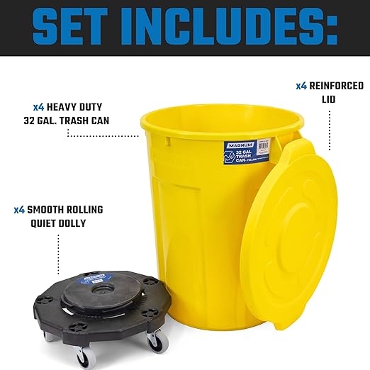 Magnum Yellow 32 Gallon Trash Can Set (Trash Can Quiet Dolly and Reinforced Lid) Construction Grade Jobsite Ready Non-Marking Wheels &amp Casters for Rolling Garbage CMTC-CLD0-32Y04 (4 Set)