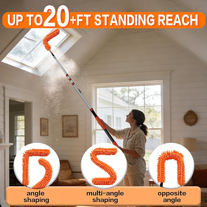 20FT High Reach Duster Cleaning Kit with 3-12 FTExtension Pole High Ceiling Fan Cleaner Duster Tool for Fan Blades Extendable Reusable Cobweb Feather Window Cleaning Squeegee Kit (12FT)