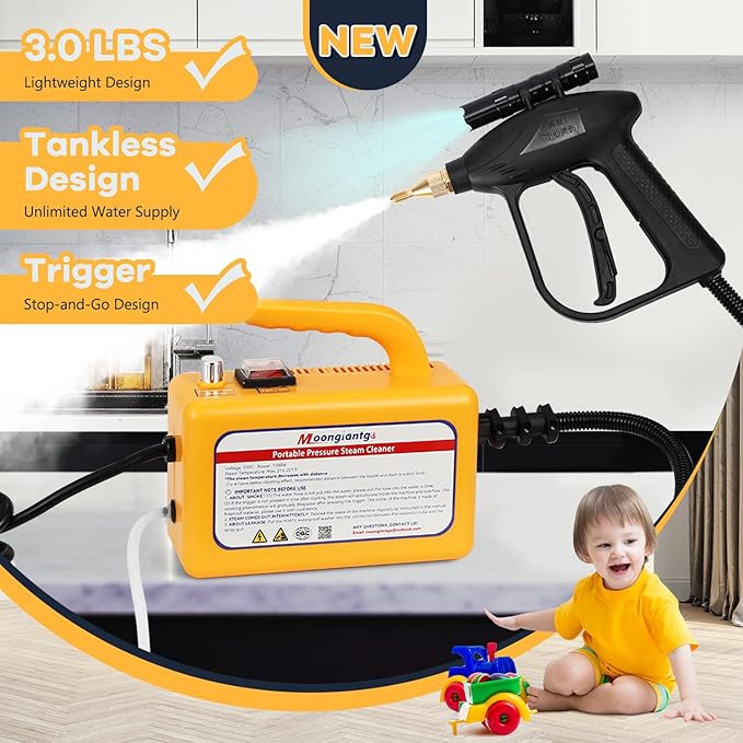 Moongiantgo 1700W High Pressure Steam Cleaner Handheld Portable Instant Steam Cleaning Machinefor Commercial Home USe Kitchen Bathroom Grout Tile Car Detailing (Yellow 110V)